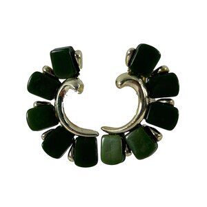 Vintage Claudette Clip On Earrings Green Thermoset Lucite Silver Tone Crescent i